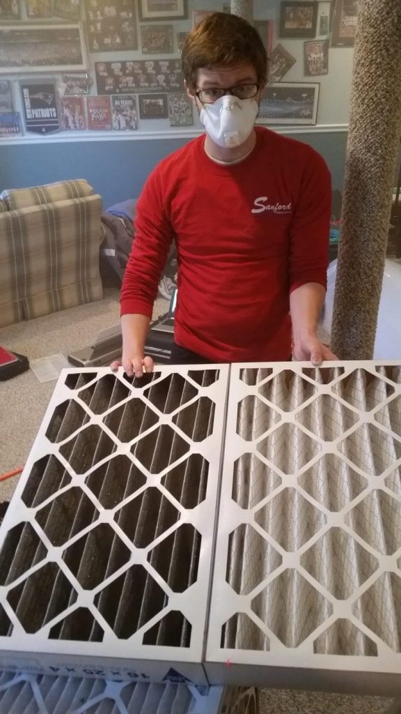 The air filter on the left was ONLY THREE DAYS OLD at the time of this Aeroseal Duct Sealing job!